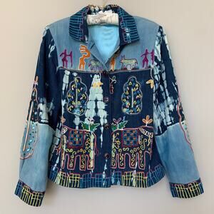Madison Studio denim tie dye jacket funky animal embroidery satin lined size M